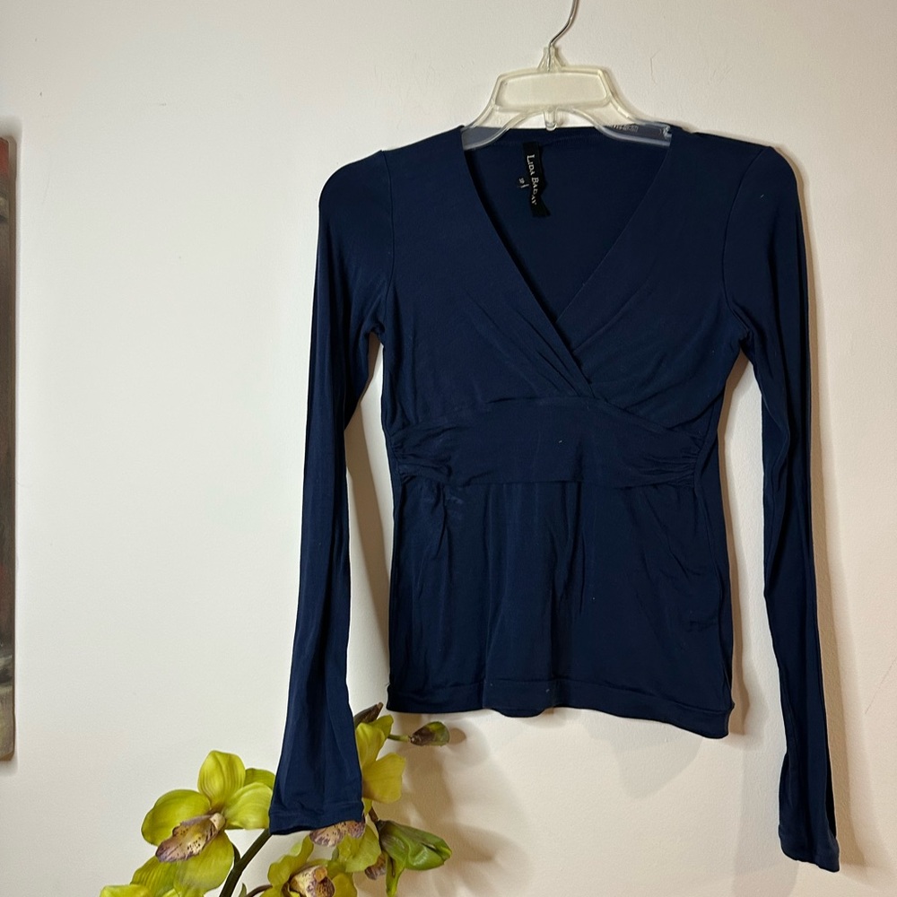 T75- Lida Baday Elegant Blue Fitted Silk Wrap Blouse with Long Sleeves